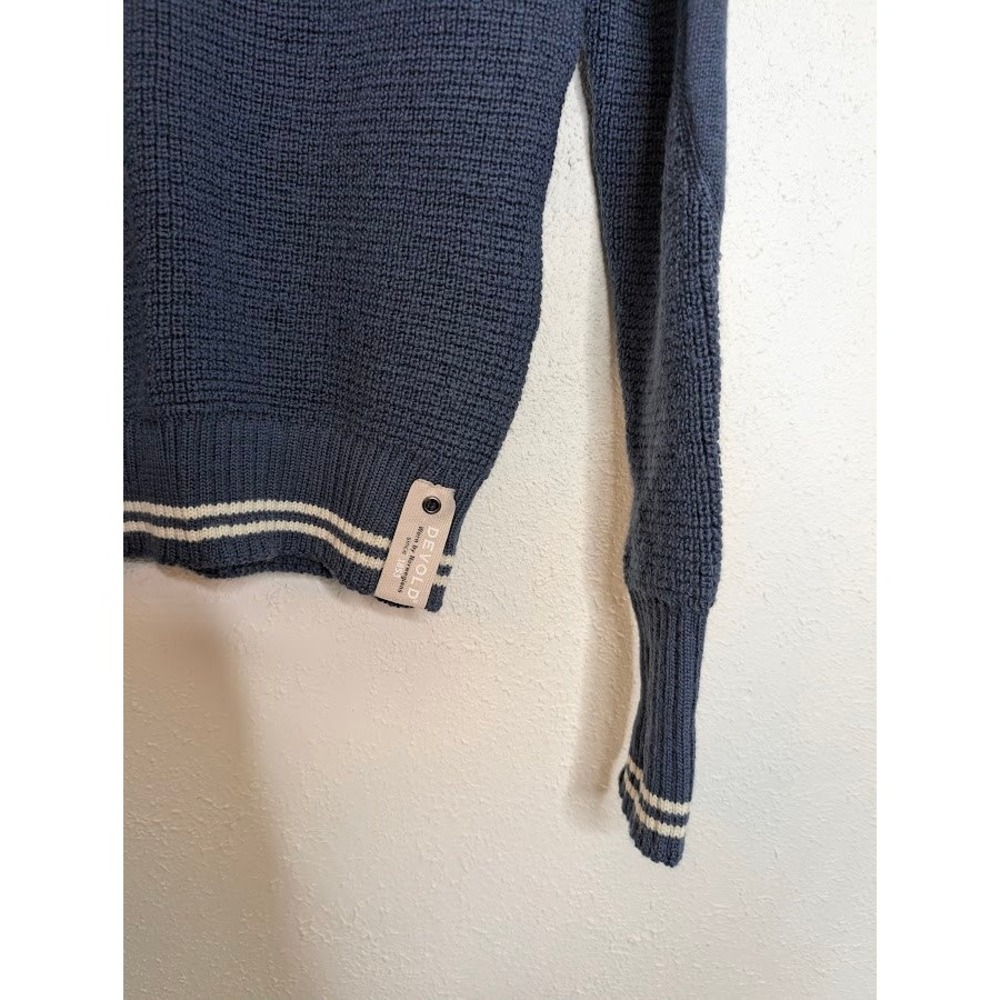 Devold Mens Small Navy Blue Knit Sweater Elbow Patches Norway 1/4 Zip Thumbholes View 5
